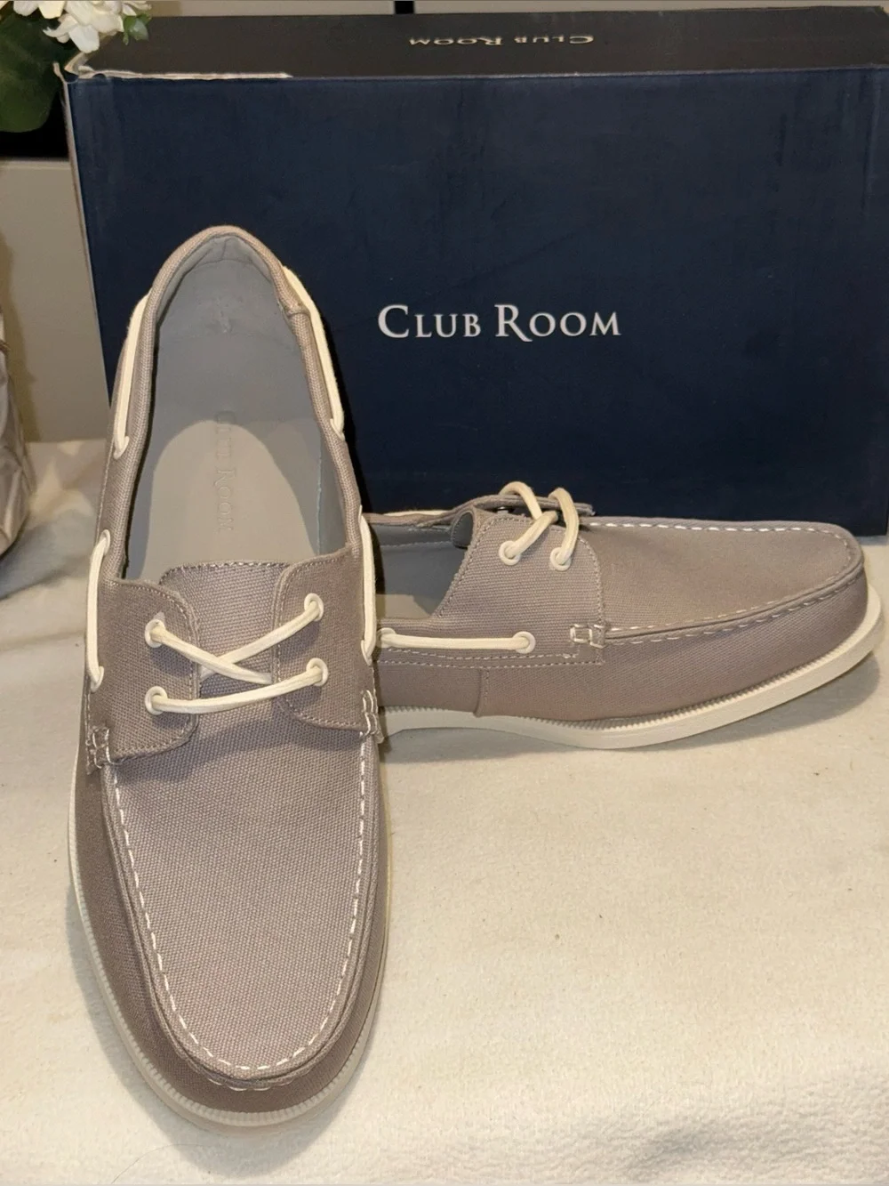 Club Room Taupe Canvas Men’s Boat Shoes with White Laces